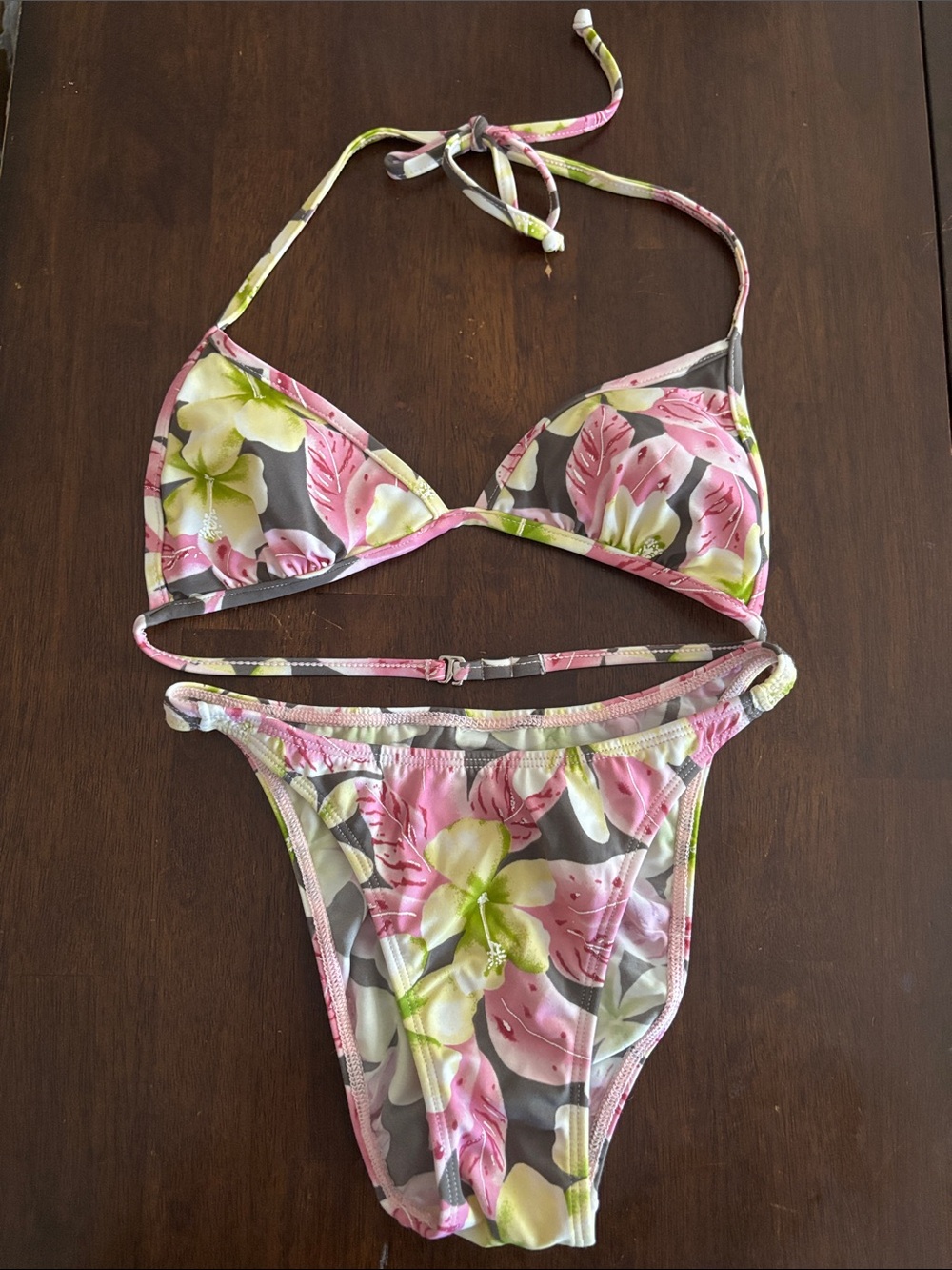 Floral Triangle Bikini Set in Pink, Green & Gray Sz:small - Picture 2 of 6